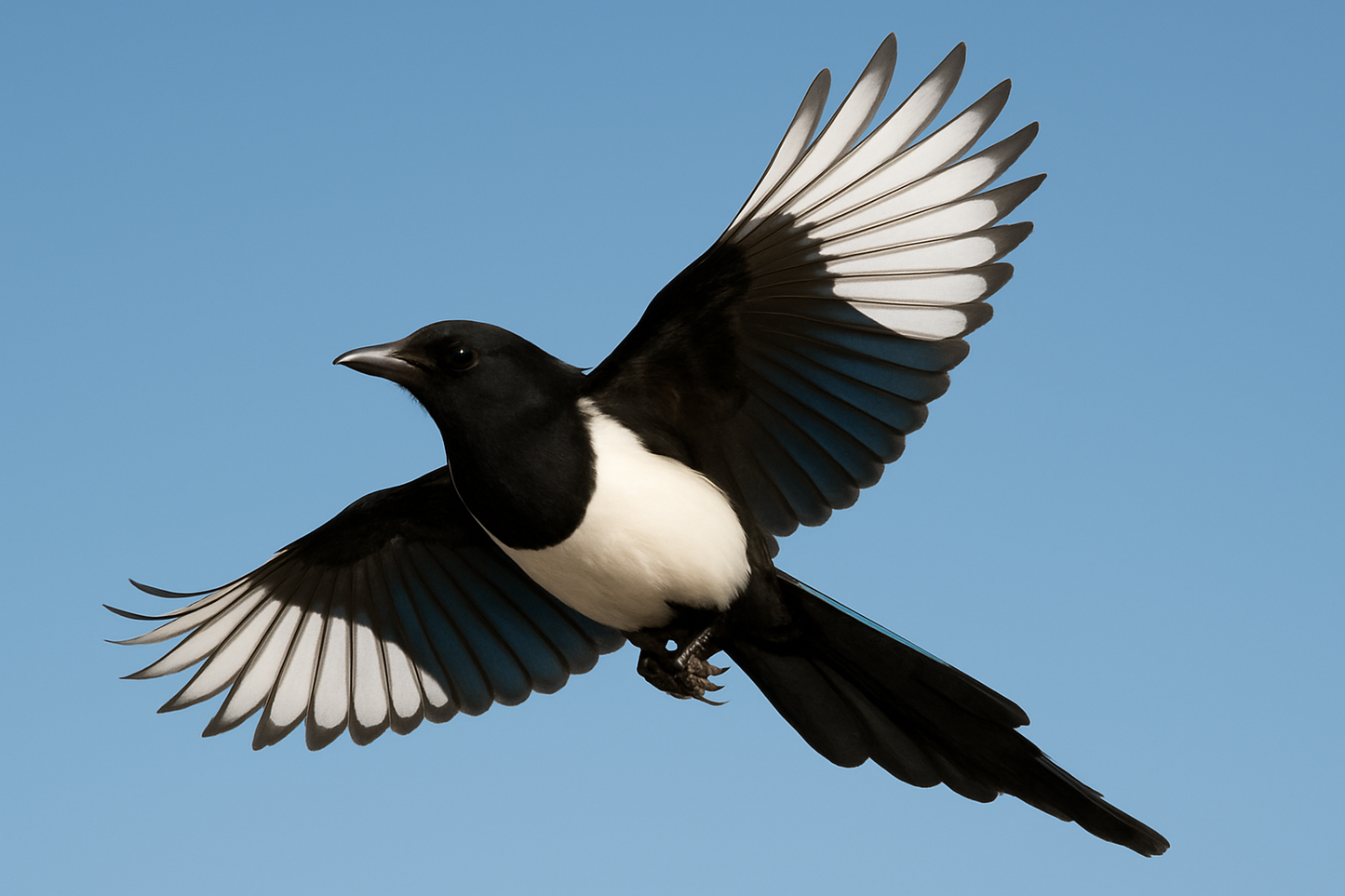 A beautiful magpie in flight with its distinctive black and white plumage, wings spread wide showing the iridescent blue-green sheen on the wing feathers, captured mid-flight against a clear blue sky, detailed feathers and graceful pose, photorealistic style