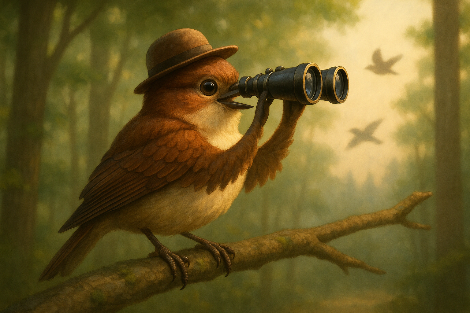 A bird wearing a hat and using binoculars to watch other birds