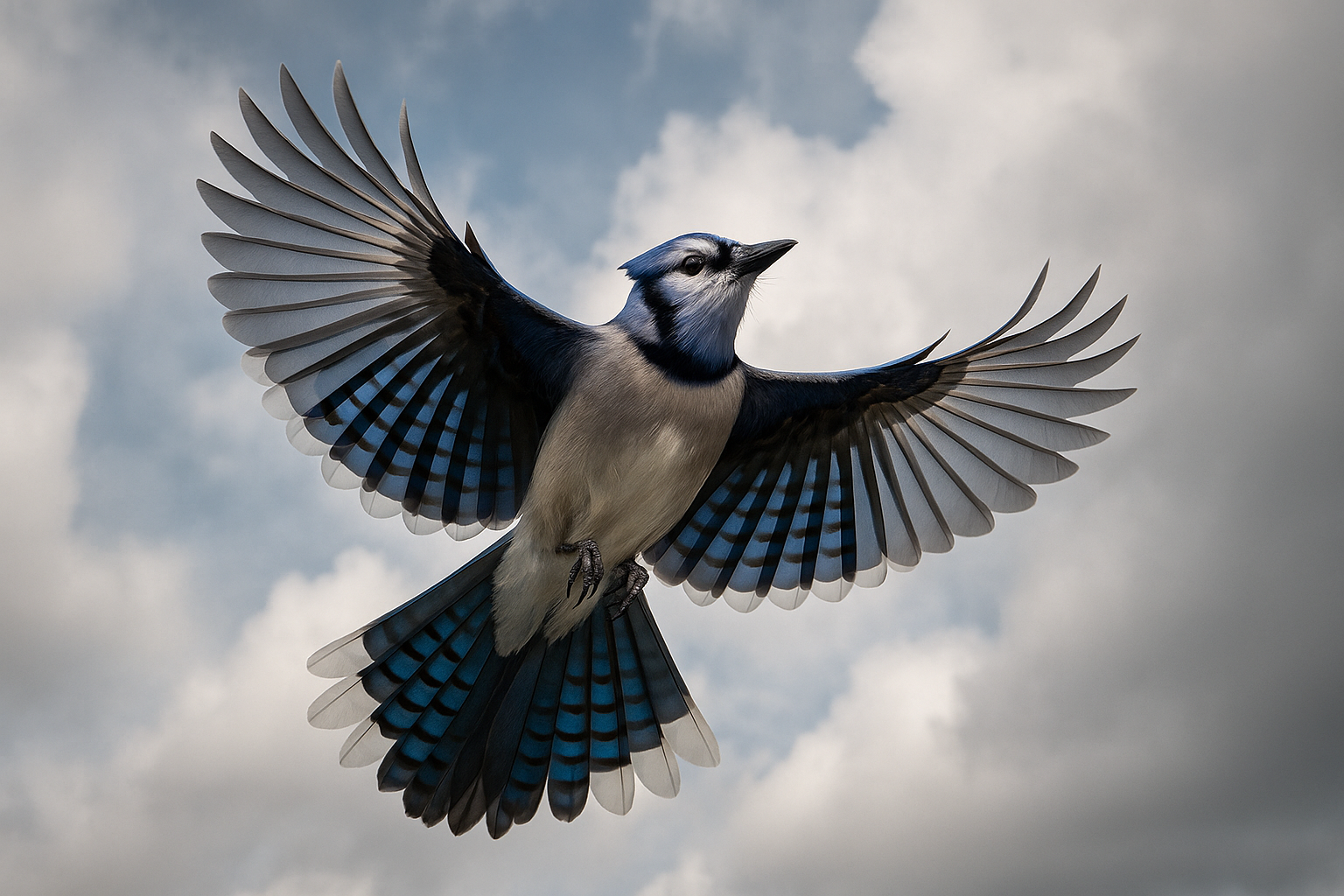 A blue jay in flight with wings spread wide, capturing the beautiful blue coloration and wing patterns, black necklace marking visible, photographed from below against a cloudy sky, dynamic action shot