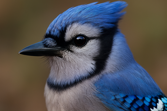 A close-up portrait of a blue jay's head and upper body, showing intricate feather details, bright intelligent eyes, distinctive blue crest feathers, black and white facial markings, soft natural lighting, macro photography style