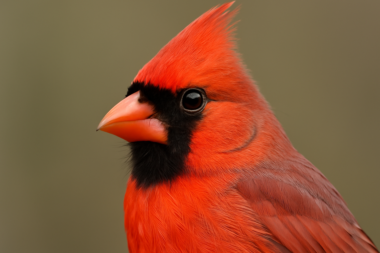 A close-up portrait of a male red cardinal's head and upper body, showing detailed feather texture, bright orange-red beak, intelligent dark eyes, prominent crest, and the striking black face mask, soft natural lighting