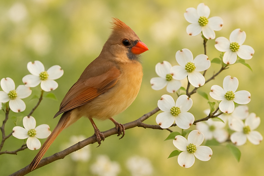 A female cardinal with warm brown and reddish tones perched on a flowering dogwood branch, showing the subtle beauty of the female's coloring with hints of red on wings and tail, spring setting with white blossoms