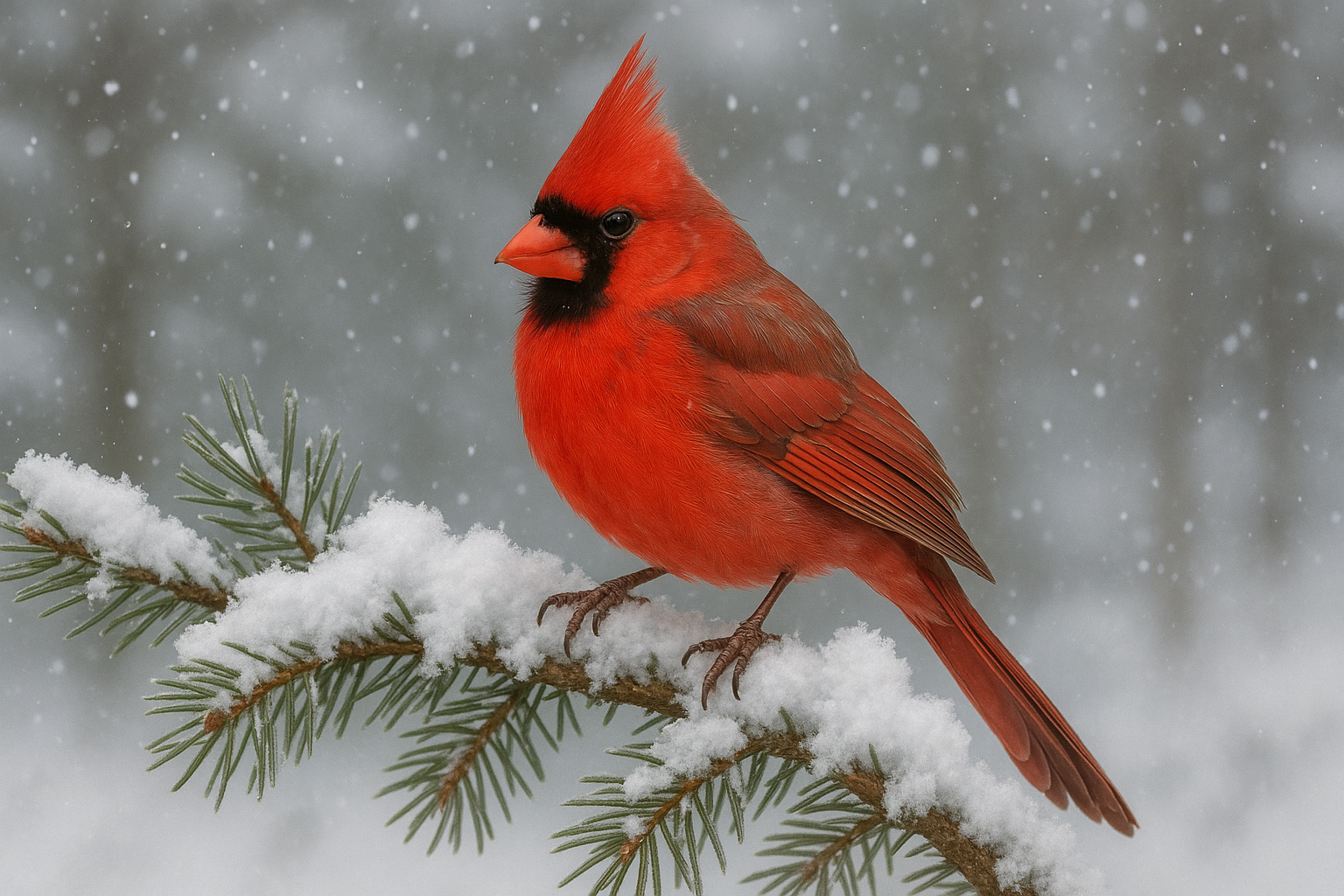 A male red cardinal perched on a snow-covered pine branch, showing brilliant red plumage with black face mask, distinctive crest feathers, winter scene with soft snowfall in background, photorealistic style