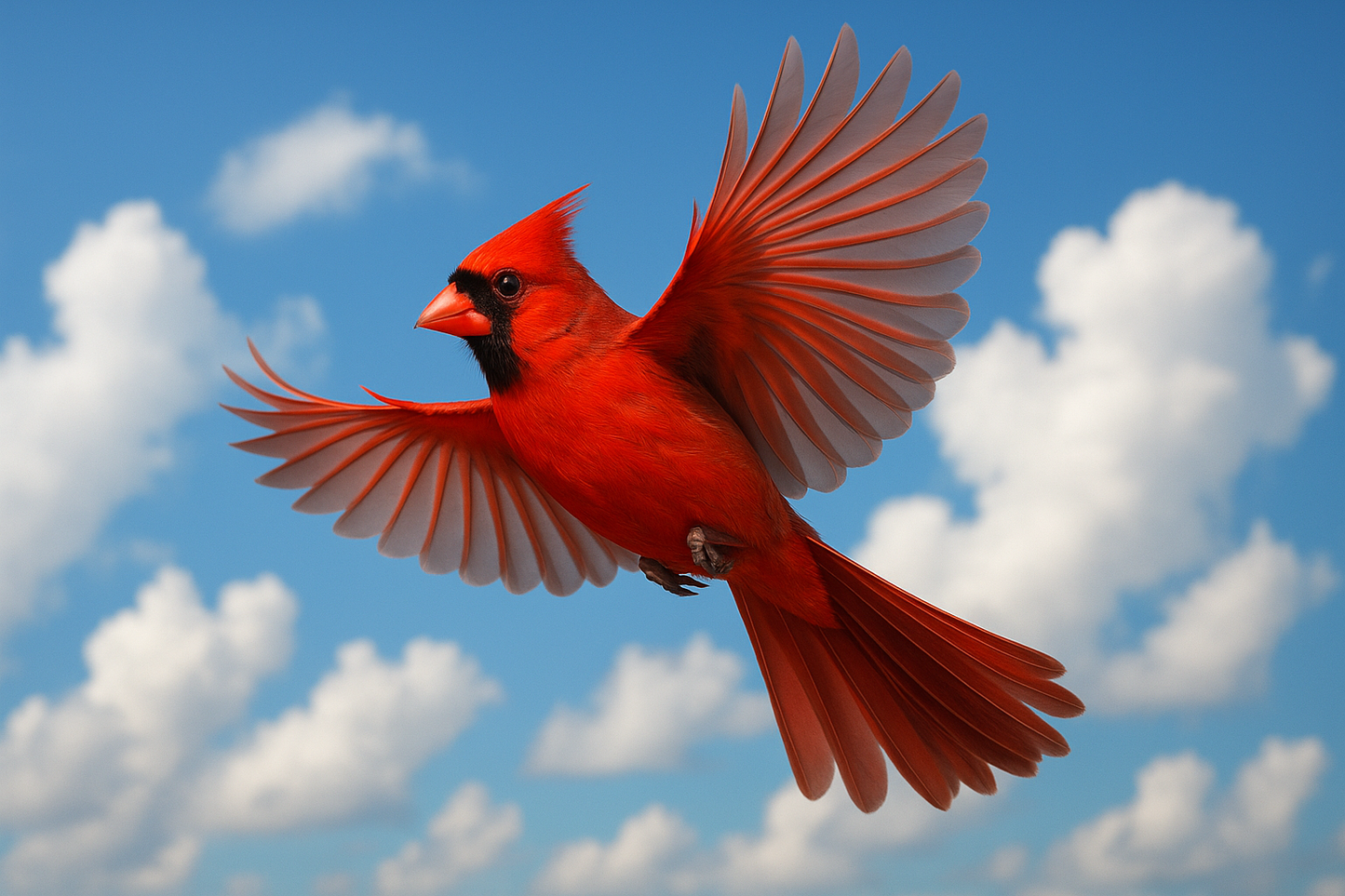 A red cardinal in flight with wings spread, showing the vibrant red feathers and wing details, captured mid-flight against a blue sky with fluffy white clouds, dynamic action shot