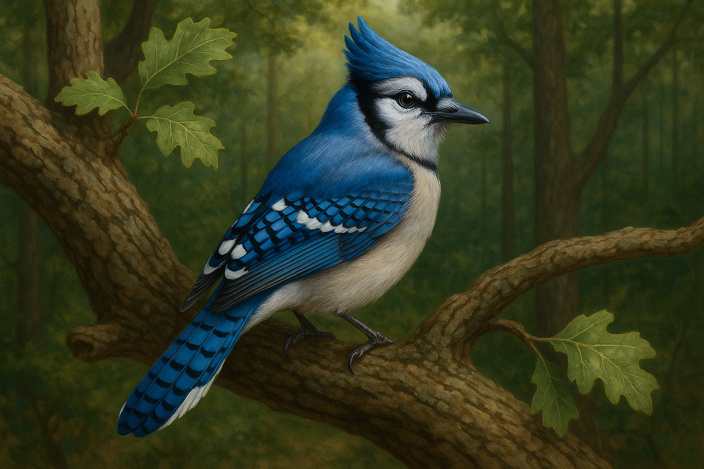 A vibrant blue jay perched on a oak tree branch, showing its brilliant blue feathers with black and white markings, distinctive crest raised, detailed realistic style with natural forest background